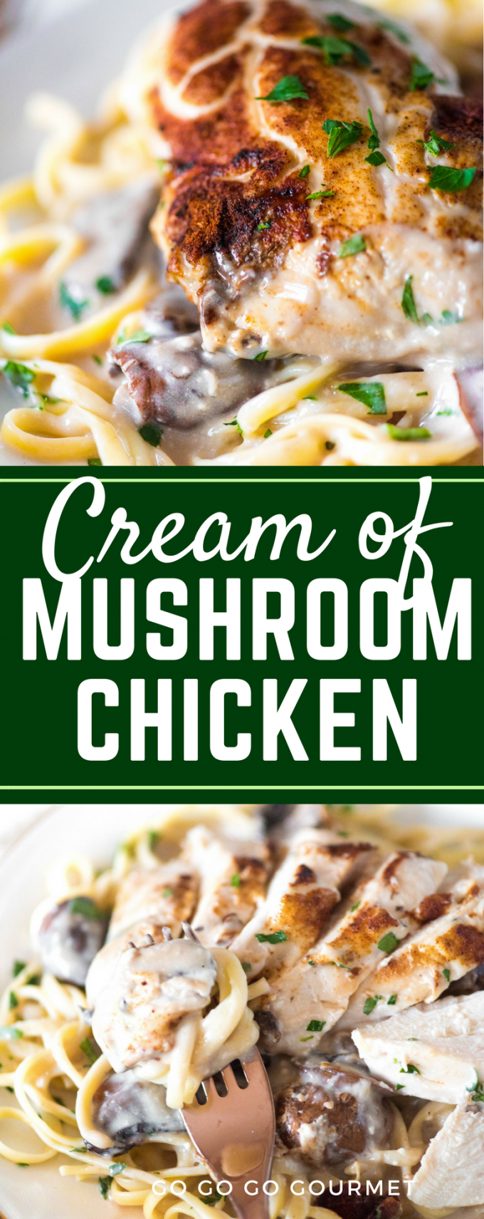 This easy Cream of Mushroom Chicken is one of my favorite recipes! Whether baked or made in the slow cooker or crockpot, this is a dinner that the whole family will love! It is great served with both pasta and rice. #creamofmushroomchicken #easychickendinners #easychickenrecipes #gogogogourmet via @gogogogourmet