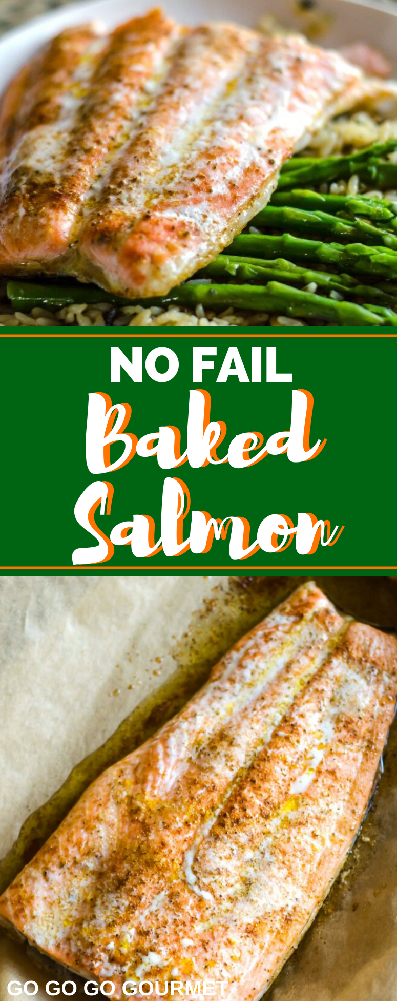 This easy No-Fail Baked Salmon recipe is exactly that- you can't go wrong! Seasoned fish gets baked in the oven for tender, juicy flaky salmon every time! #gogogogourmet #bakedsalmon #salmonrecipe #easyweeknightdinner via @gogogogourmet