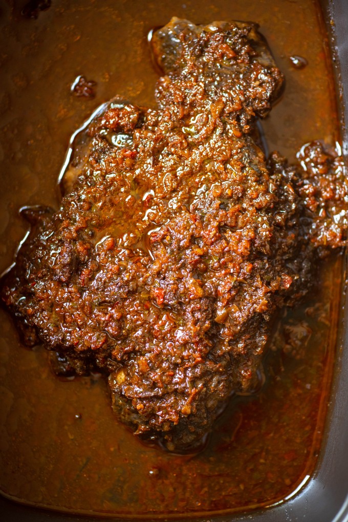 Chuck roast with chipotle, cilantro and onion in slow cooker