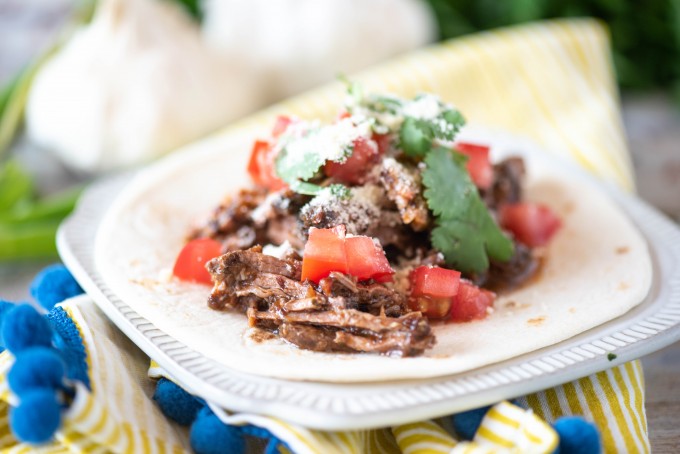 Soft taco with chipotle barbacoa beef, tomato, cilantro and cotija