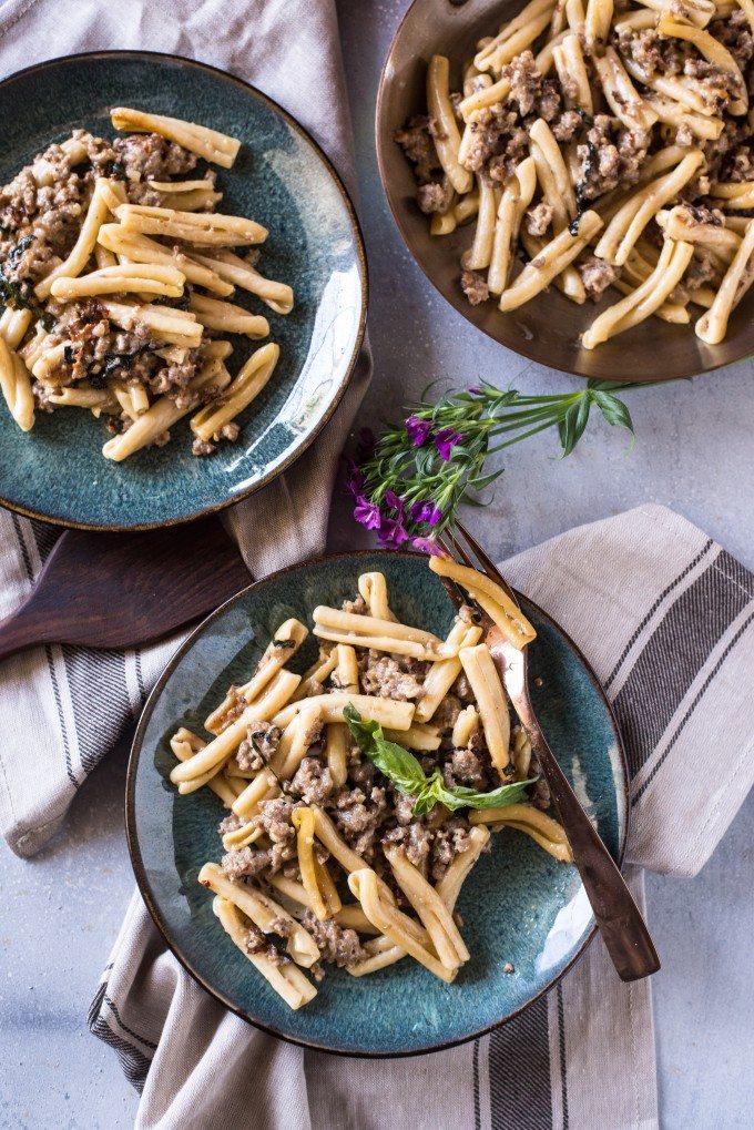 Pasta with Sausage, Basil & Mustard- this Sasuage Mustard Pasta is killer. Totally an odd combination, but you'll be hooked after one taste! | @gogogogourmet