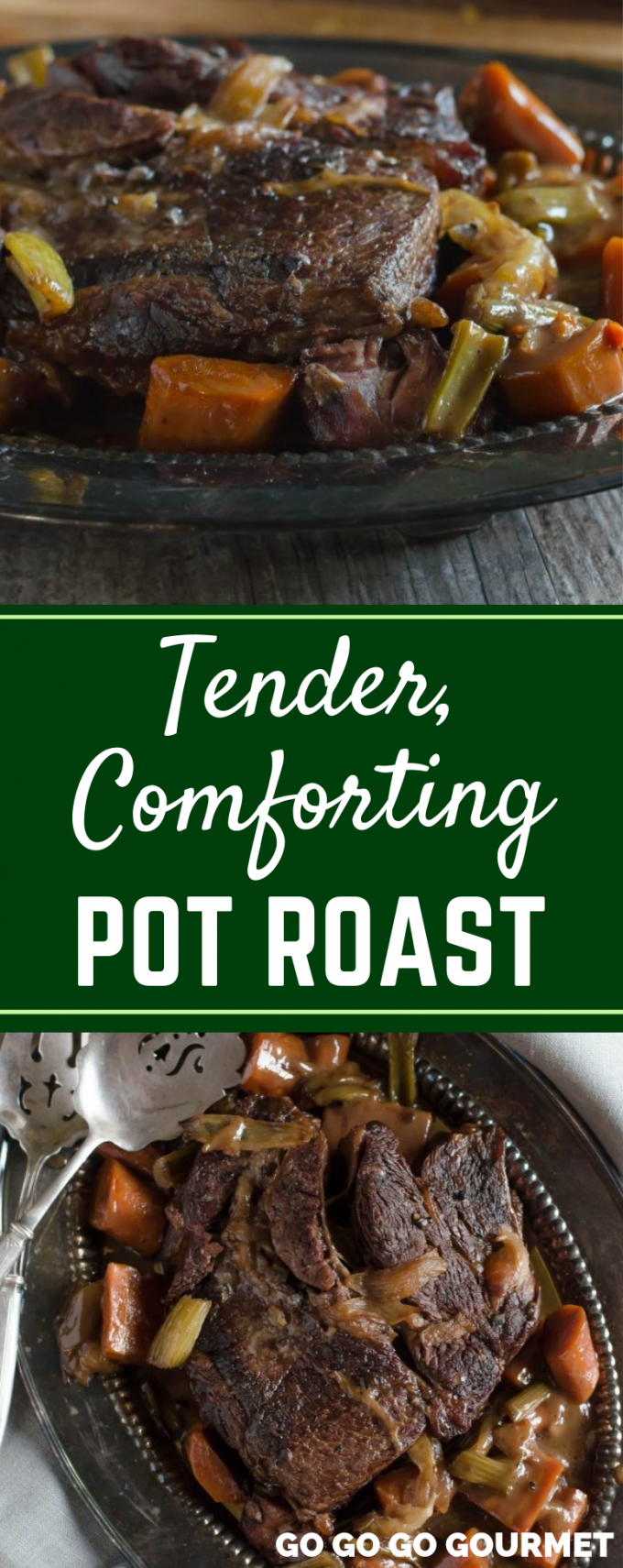 While this can also be made in the slow cooker, crockpot or Instapot, this easy Tender Pot Roast recipe is made in the oven. Move over Pioneer Woman, this is one of the best pot roast recipes! #gogogogourmet #tenderpotroast #potroast #easypotroastrecipe via @gogogogourmet