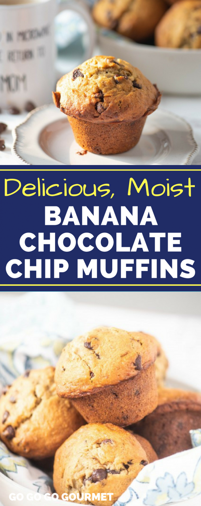 This is the best Banana Chocolate Chip Muffin recipe! Super moist and easy to make, these muffins are perfect for breakfast, brunch or even an afternoon snack! #bananachocolatechipmuffins #easybrunchrecipes #easymuffinrecipes #gogogogourmet via @gogogogourmet