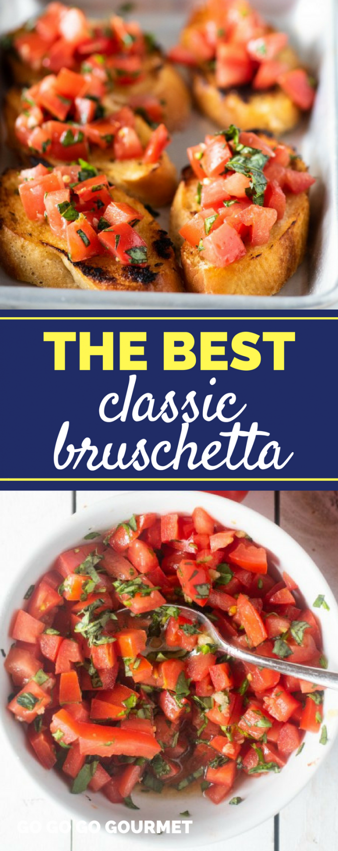 This easy bruschetta recipe is made with tomatoes, garlic, fresh basil and balsamic. Make it ahead of time for all your parties! via @gogogogourmet