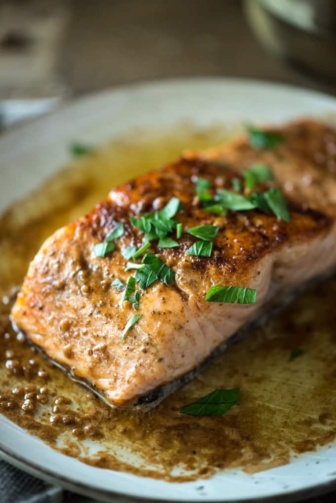 Pan Seared Salmon with Lemon White Wine Butter Sauce 