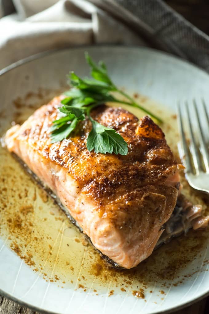 Overhead shot of pan seared salmon on a plate