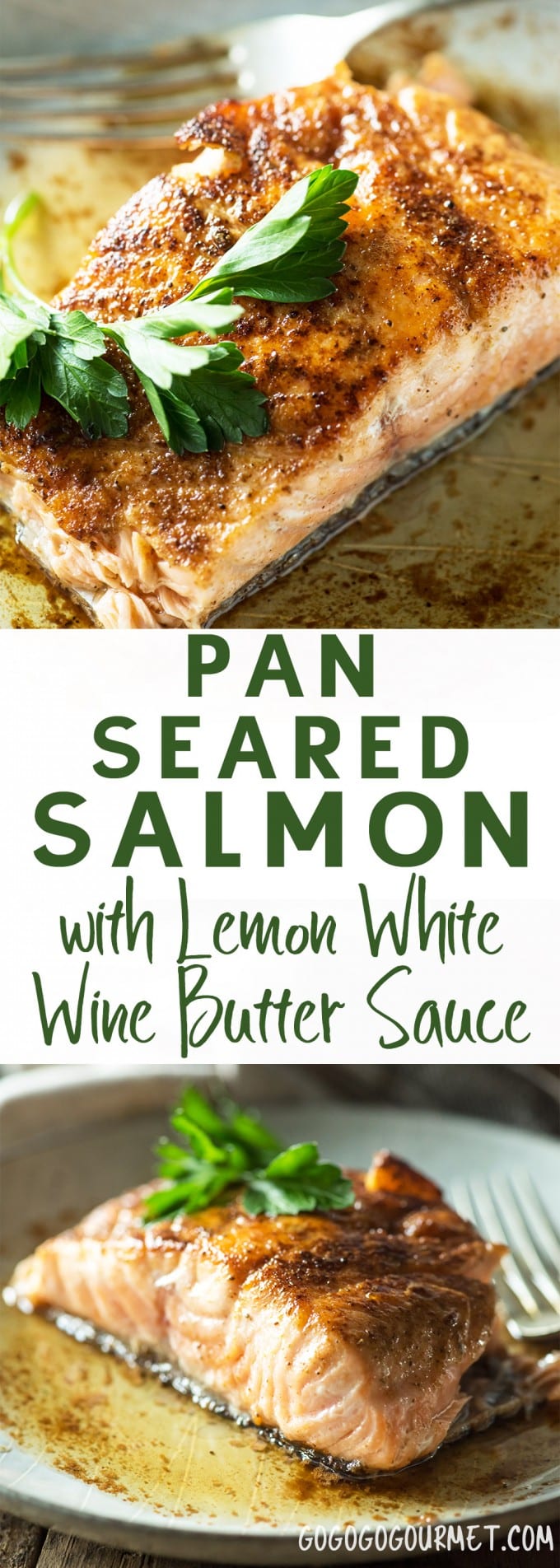 This Pan Seared Salmon with Lemon White Wine Butter Sauce is a fast and easy salmon recipe for busy weeknights. #gogogogourmet #pansearedsalmon #seafooddinner #salmonrecipes via @gogogogourmet