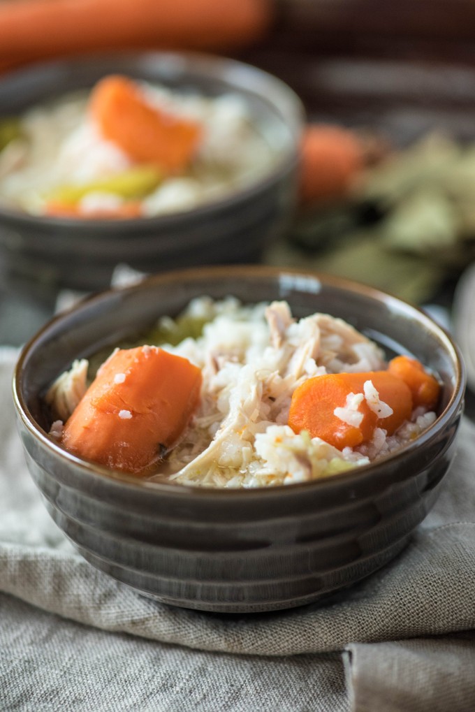 Two bowls of chicken and rice soup