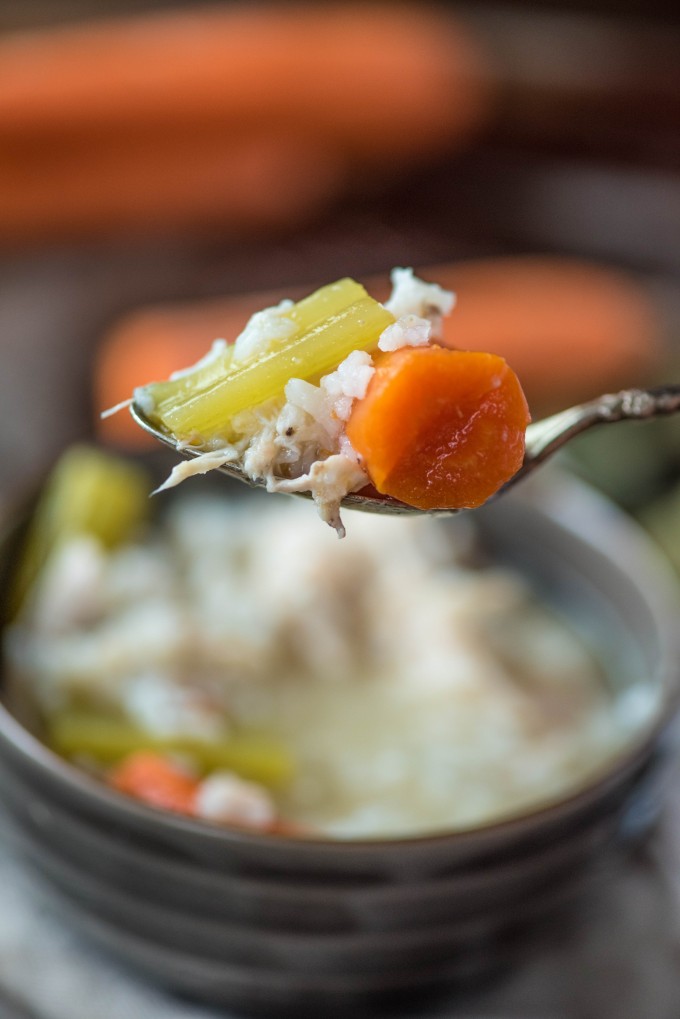 Lifted spoonful of chicken and rice soup with carrots and celery