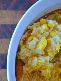 Thanksgiving recipes, corn pudding in a white dish