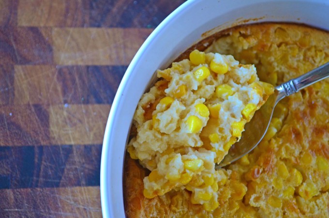 Thanksgiving recipes, corn pudding in a white dish