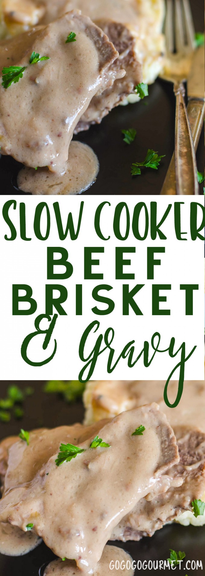 This Slow Cooker Brisket and Gravy can be done in the oven or a slow cooker. A four ingredient recipe from my grandmother's archives! via @gogogogourmet