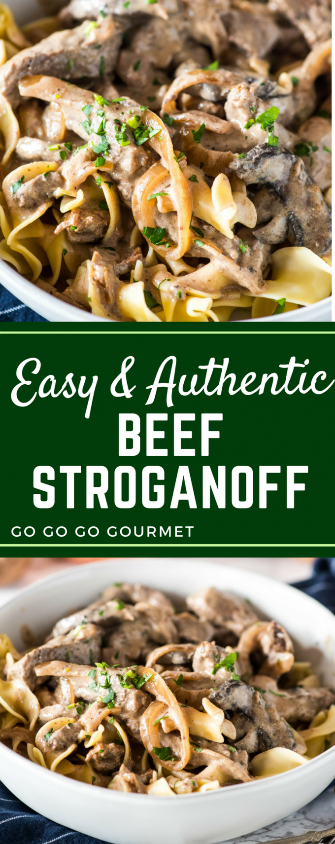 This easy homemade beef stroganoff is the best authentic recipe out there! Ready in under 30 minutes, you can use a variety of beef cuts depending on your budget. #gogogogourmet #beefstroganoff #easkyweeknightmeals #easydinners via @gogogogourmet