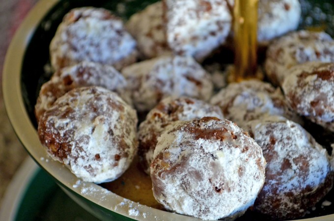 Chocolate snowballs on a tray - christmas desserts