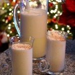 Thanksgiving recipes, eggnog pitcher and two glasses