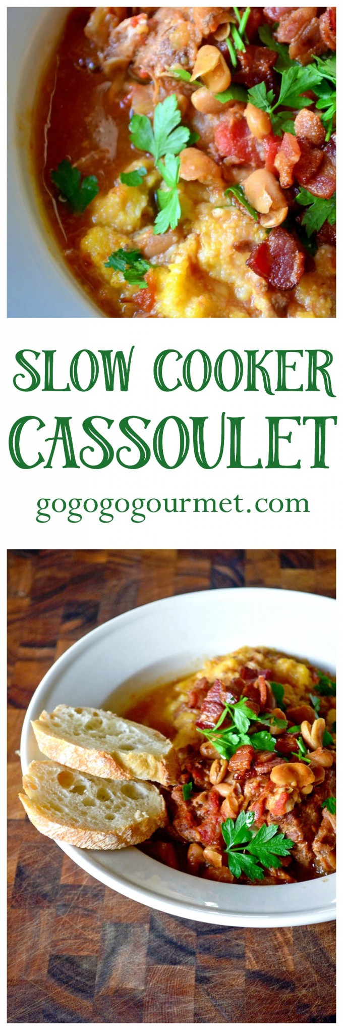 The warm flavors of cassoulet- tomatoes, wine, beans, sausage and pork shoulder- come together for this weeknight dinner thanks to your crockpot! Slow Cooker Cassoulet @gogogogourmet via @gogogogourmet