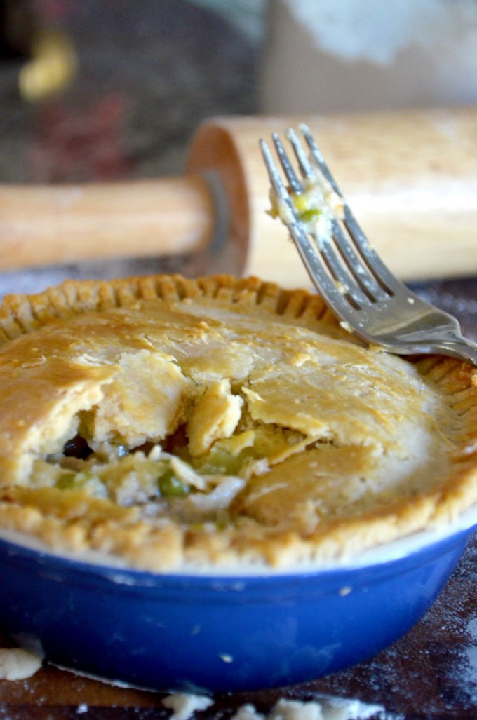 Thanksgiving recipes, turkey pot pie with a fork next to it