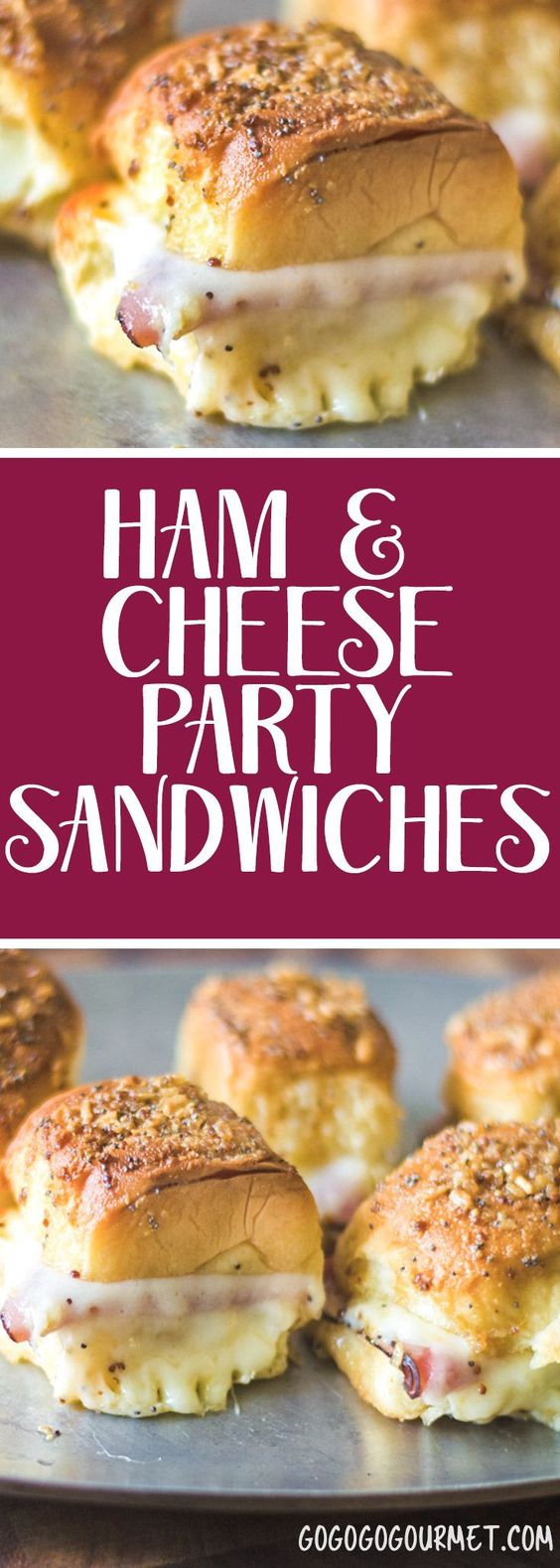 These hot little ham and cheese sliders baked on Hawaiian buns are so easy to make for a crowd as a Christmas appetizer! The brown sugar and onion topping is killer! #appetizersforacrowd #ham #appetizer #christmas #appetizerfood