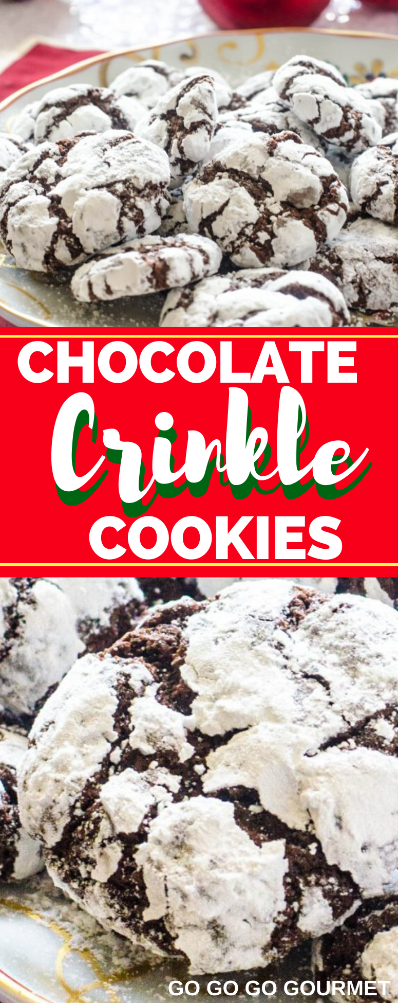 Forget the cake mix, this easy Chocolate Crinkle Cookies recipe is the best! These chewy, fudgy cookies are made with cocoa powder to make the ultimate Christmas cookie. They're almost like a brownie in cookie form! #gogogogourmet #chocolatecrinklecookies #crinklecookies #christmascookies via @gogogogourmet