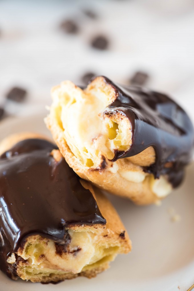 easy chocolate eclair split in half and stacked