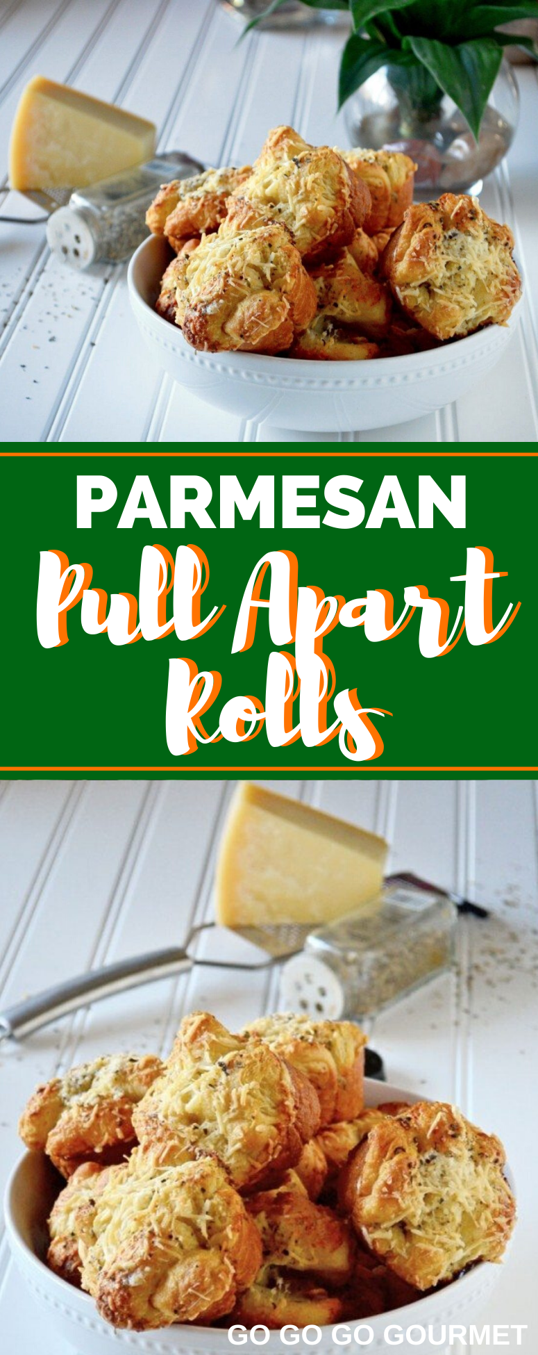 This Garlic Parmesan Pull Apart Rolls recipe is made easy with pre-made crescent roll dough! They taste just as good as homemade rolls, without all of the work! #gogogogourmet #garlicparmesanpullapartrolls #pullapartrolls #homemadebread via @gogogogourmet