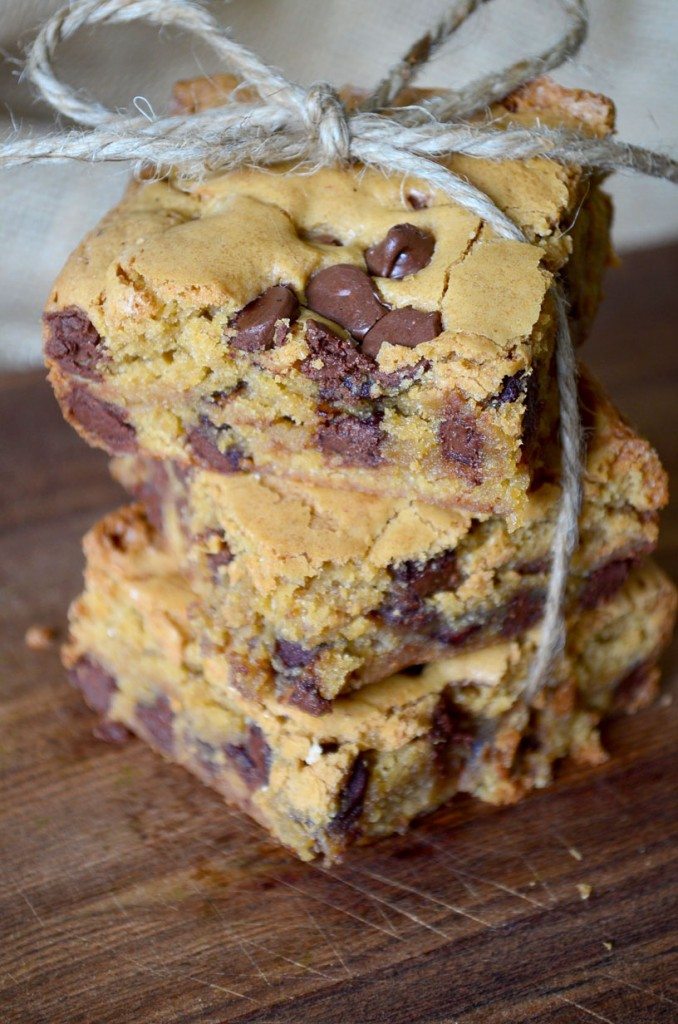 Chocolate chip blondie bar recipe in a stack