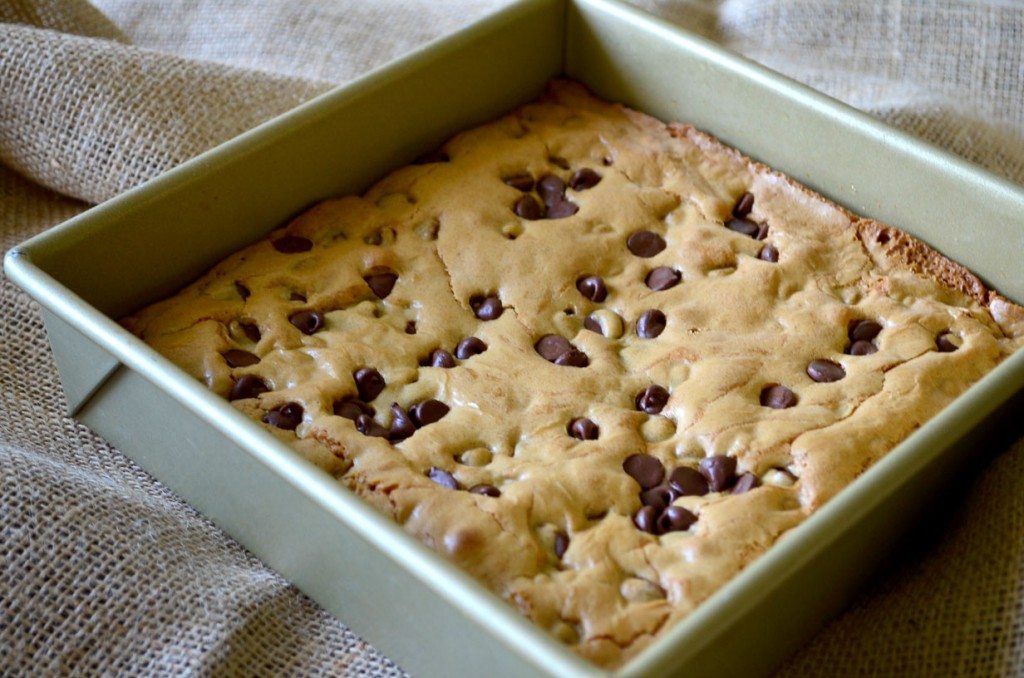 Chocolate chip blondies in a pan