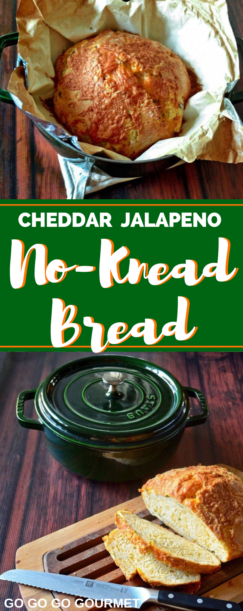 This easy Cheddar Jalapeno No Knead Bread recipe is the best! Perfectly soft with just a hint of spice, you are going to love this delicious bread recipe! #gogogogourmet #cheddarjalapenobread #homemadebread #easybread via @gogogogourmet