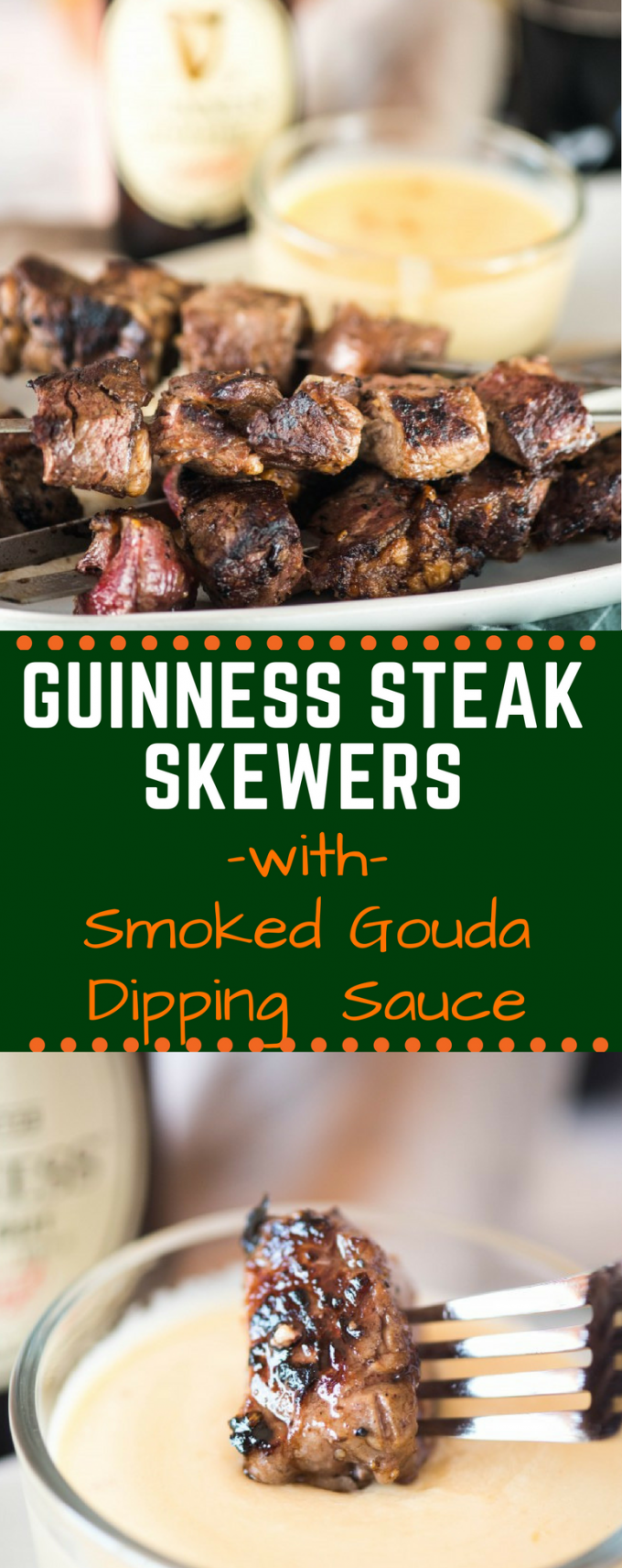 These Guinness Steak Skewers with Smoked Gouda Dipping Sauce are a fun and easy dinner that everyone is sure to love. Perfect for a traditional St. Patrick's day party - or any day! #stpatricksday #stpatricksdayfood #guinnesssteakskewers #guinnessrecipes #gogogogourmet via @gogogogourmet