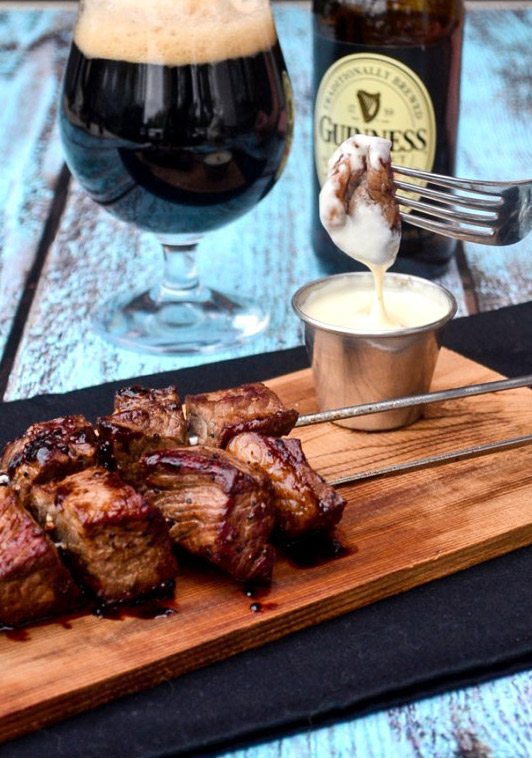 Guinness Steak Skewers with Smoked Gouda Dipping Sauce Go Go Go Gourmet