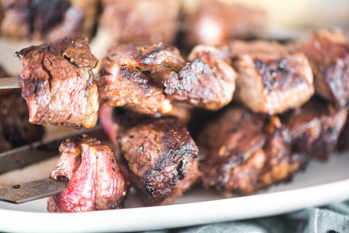 Close Up Shot of Grilled Steak Skewers