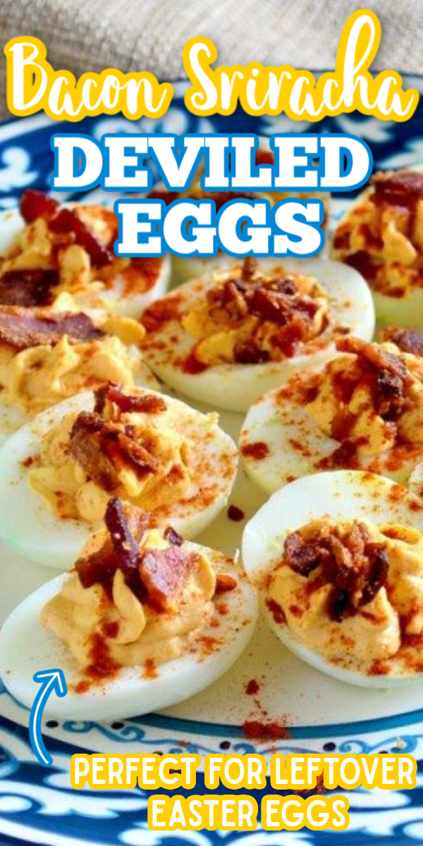 This is the BEST easy Bacon Sriracha Deviled Eggs recipe! The sriracha adds a spicy kick to a classic recipe that even rivals the Pioneer Woman! To add more heat, you could even top with jalapenos! #baconsrirachadeviledeggs #classicdeviledeggs #easterrecipes #easydeviledeggs #gogogogourmet via @gogogogourmet