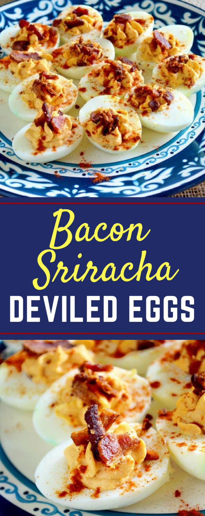 This is the BEST easy Bacon Sriracha Deviled Eggs recipe! The sriracha adds a spicy kick to a classic recipe that even rivals the Pioneer Woman! To add more heat, you could even top with jalapenos! #baconsrirachadeviledeggs #classicdeviledeggs #easterrecipes #easydeviledeggs #gogogogourmet via @gogogogourmet