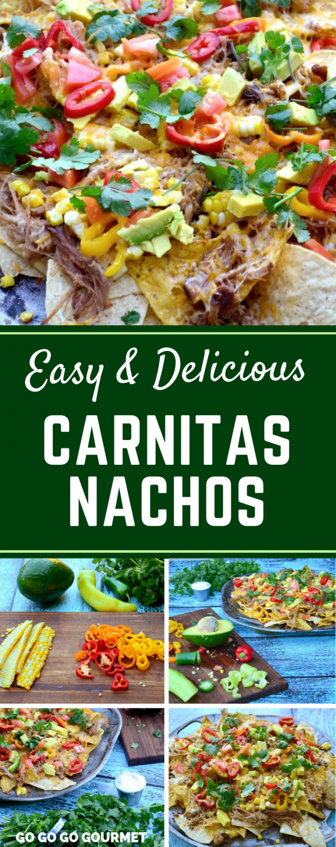 If you're looking for easy dinners, this delicious Carnitas Nachos recipe is just what you need! Topped with pork that you can make in the crock pot, this is a party food that you don't want to miss! #gogogogourmet #carnitasnachos #easynachosrecipes #mexicanfood via @gogogogourmet