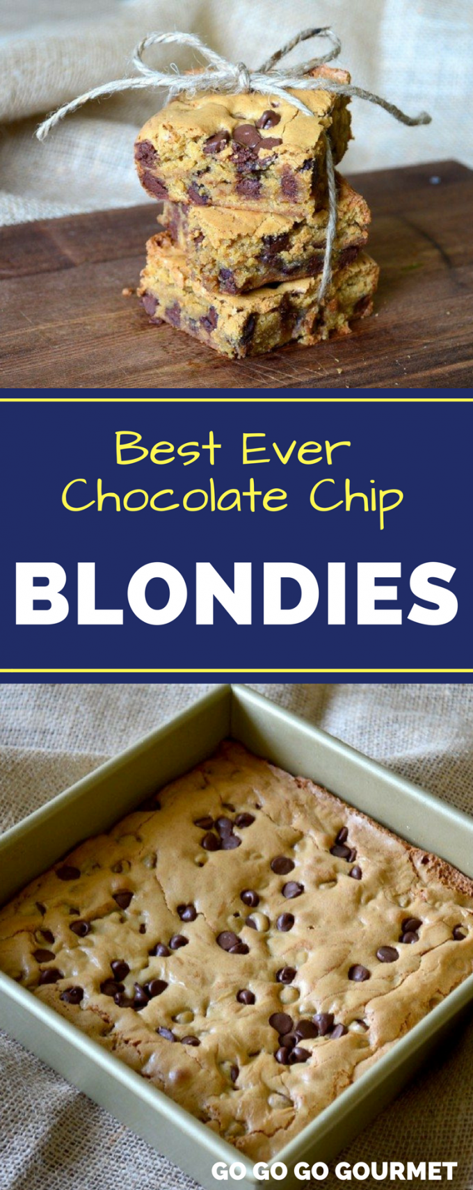 This easy Chocolate Chip Blondies recipe is the best! Gooey and chewy, these bars make the perfect dessert for any occasion! No need for Toll House, this recipe could not be easier! #gogogogourmet #chocolatechipblondies #blondiesrecipe #easycookiebars via @gogogogourmet