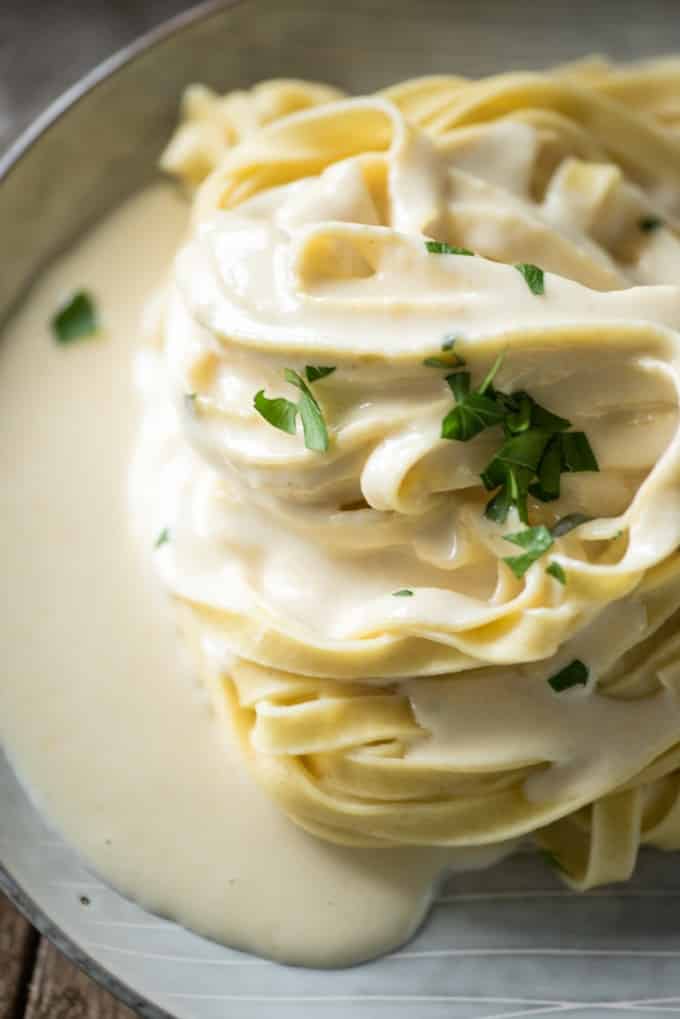 Close up of a plate of fettucine