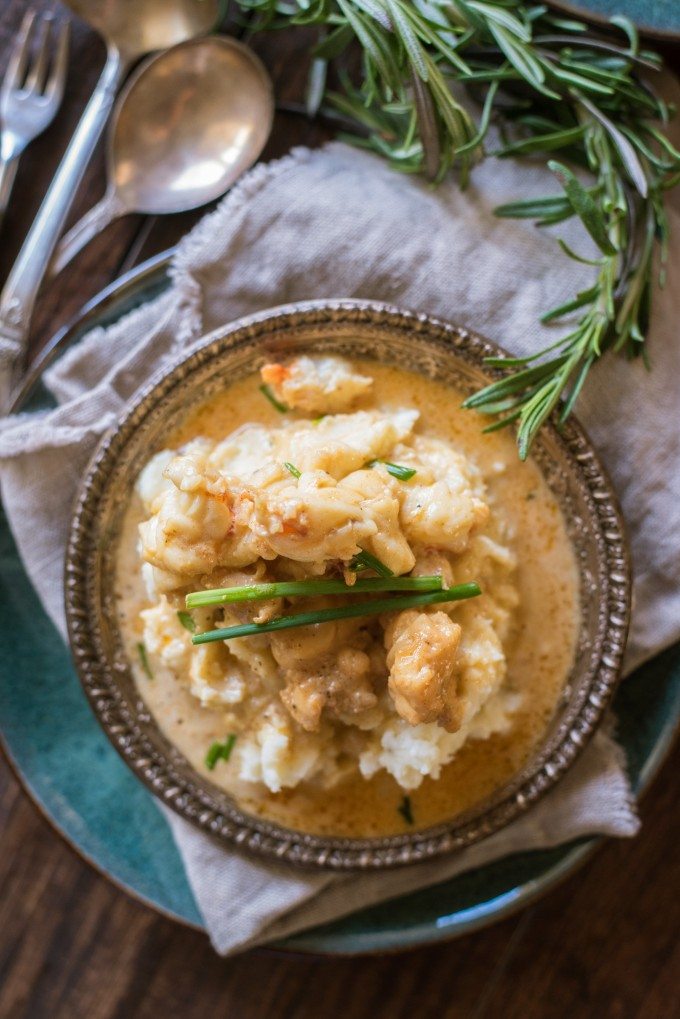 Overhead view of a bowl of lobster mashed potatoes