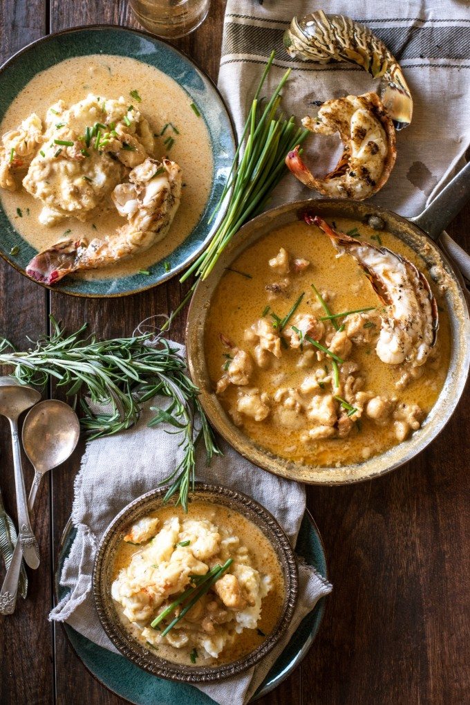 Overhead view of creamy lobster mashed potatoes