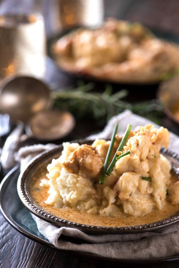 Close up of a bowl of lobster mashed potatoes