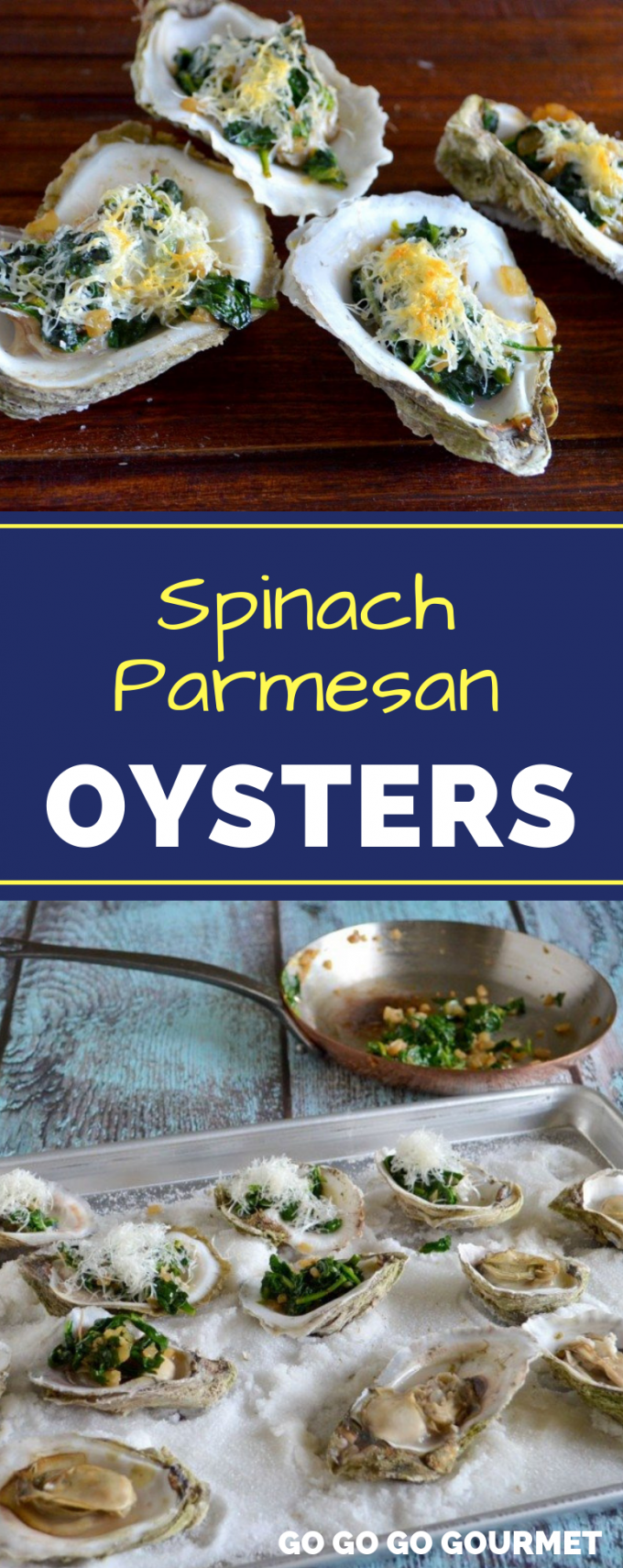 This Spinach Parmesan Oysters recipe is filled with garlic and delicious flavor! You won't believe how easy this appetizer really is! Perfect for any summer party. #gogogogourmet #spinachparmesanoysters #parmesanoysters #garlicoysters via @gogogogourmet