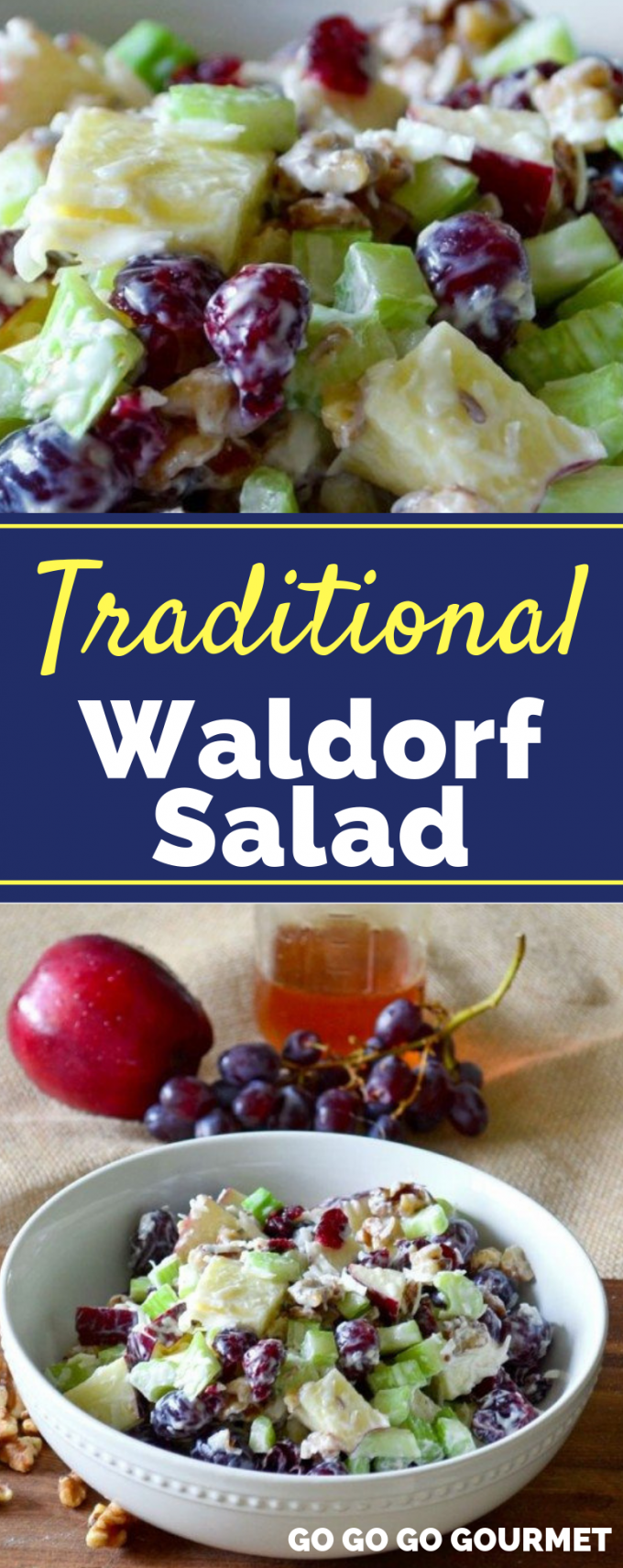 This traditional Waldorf Salad recipe is a healthy dish to bring along to summer BBQ's. It has an easy dressing made with yogurt, mayonnaise, honey and lime juice that is to die for! Chock full of apples, grapes and walnuts, it's not to be missed! #gogogogourmet #waldorfsalad #traditionalwaldorfsaladrecipe #easysummersalads via @gogogogourmet