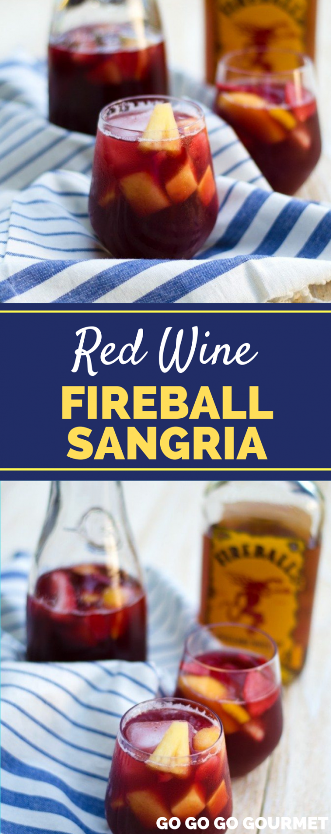 This easy Fireball Sangria recipe is not made with white wine, but red! It's refreshing and delicious making it a great summer cocktail. But it's perfect for holidays like Christmas or Thanksgiving, too! #gogogogourmet #fireballsangria #fireballsangriarecipe #redwinefireballsangria via @gogogogourmet