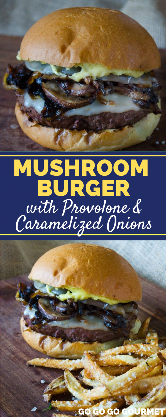 This Mushroom Burger with Provolone and Caramelized Onion is the best portobello burger recipe! Topped with an aioli  sauce that is delicious, you could even add swiss to send this sandwich over the top! #gogogogourmet #mushroomburger #portobelloburger #mushroomswissburger via @gogogogourmet