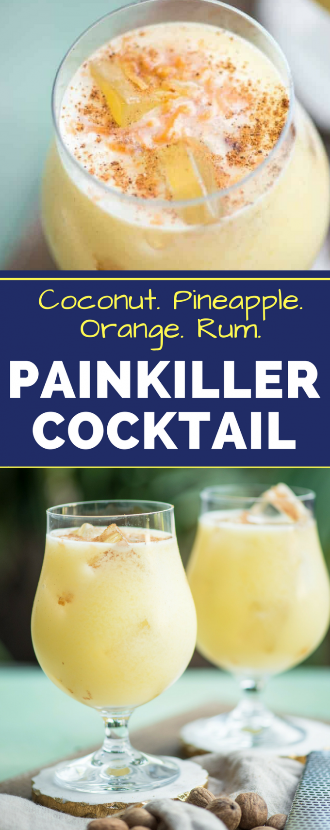 If you're looking for a great warm weather cocktail recipe, make these Painkiller Drinks! With coconut cream, pineapple juice, rum, and orange - what's not to love? #virginislands #painkillercocktail #easycocktailrecipes #summercocktails #gogogogourmet via @gogogogourmet