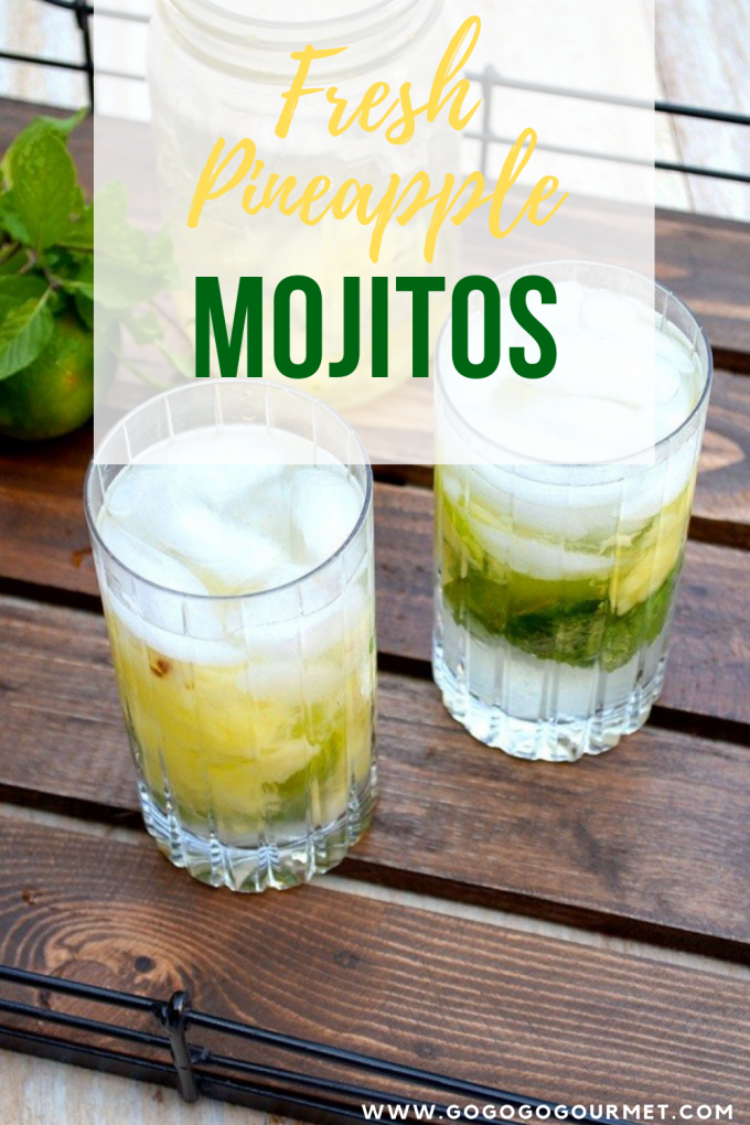 This easy Pineapple Mojitos recipe is made with fresh mint, pineapple and simple syrup, and it's the perfect refreshing drink for summer! Whether you make it by the pitcher or the glass, it's sure to become one of your favorite cocktail recipes! #gogogogourmet #pineapplemojitos #pineapplemojitorecipe #easymojitorecipes via @gogogogourmet