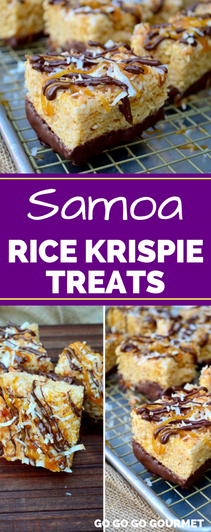 These Samoa Rice Krispie Treats are reminiscent of your favorite Girl Scout cookie! With coconut, caramel and chocolate, you just can't go wrong! #gogogogourmet #samoaricekrispietreats #ricekrispietreats #homemadericekrispietreats via @gogogogourmet