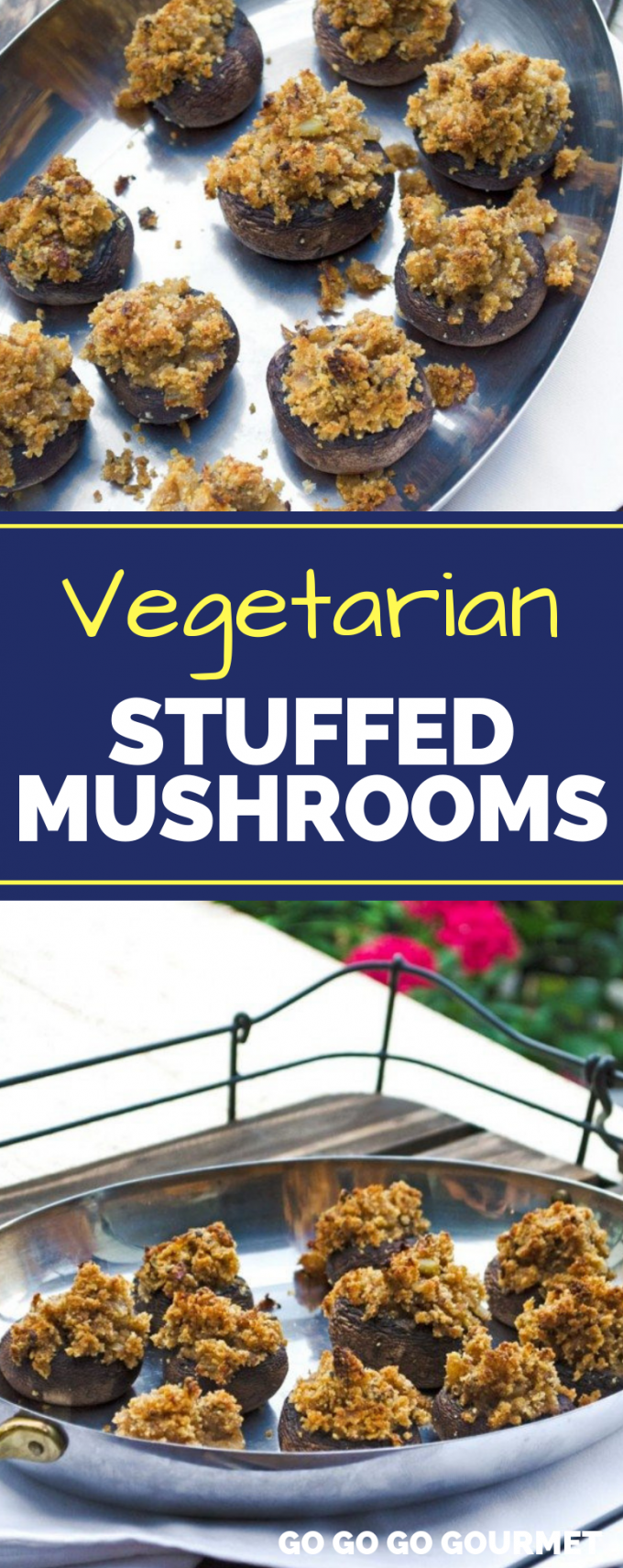 These easy and healthy Vegetarian Stuffed Mushrooms are one of the best summer appetizers! With bread crumbs, parmesan cheese and onion, you won't be able to stop snacking on these mushrooms! #gogogogourmet #vegetarianstuffedmushrooms #stuffedmushrooms #easyappetizerrecipes via @gogogogourmet