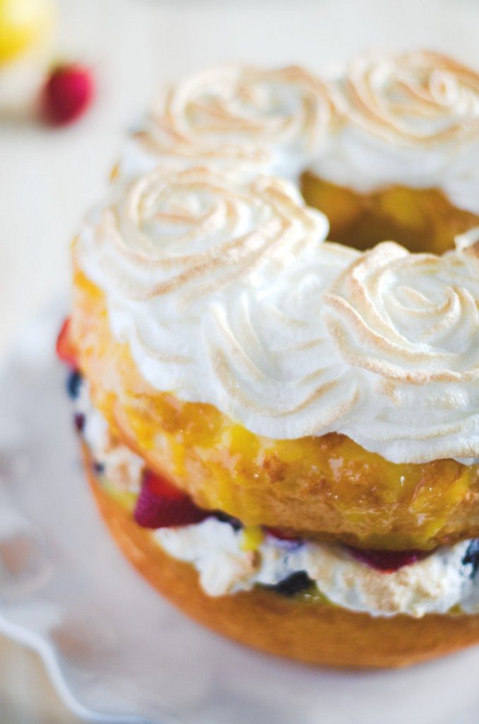 Angel Food Cake with Lemon Curd, Fresh Berries and Meringue Rosettes | Go Go Go Gourmet @gogogogourmet