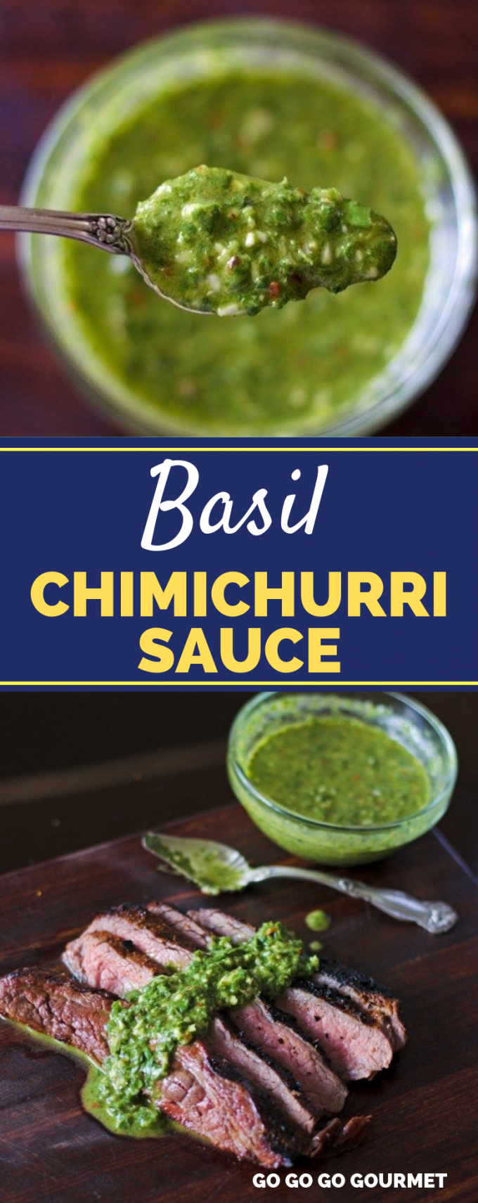 This easy Basil Chimichurri Sauce recipe is perfect for topping flank steak, chicken, or even grilled shrimp! Out of all of the sauces, this recipe is my absolute favorite! #gogogogourmet #basilchimichurri #basilchimichurrisauce #steakmarinade via @gogogogourmet