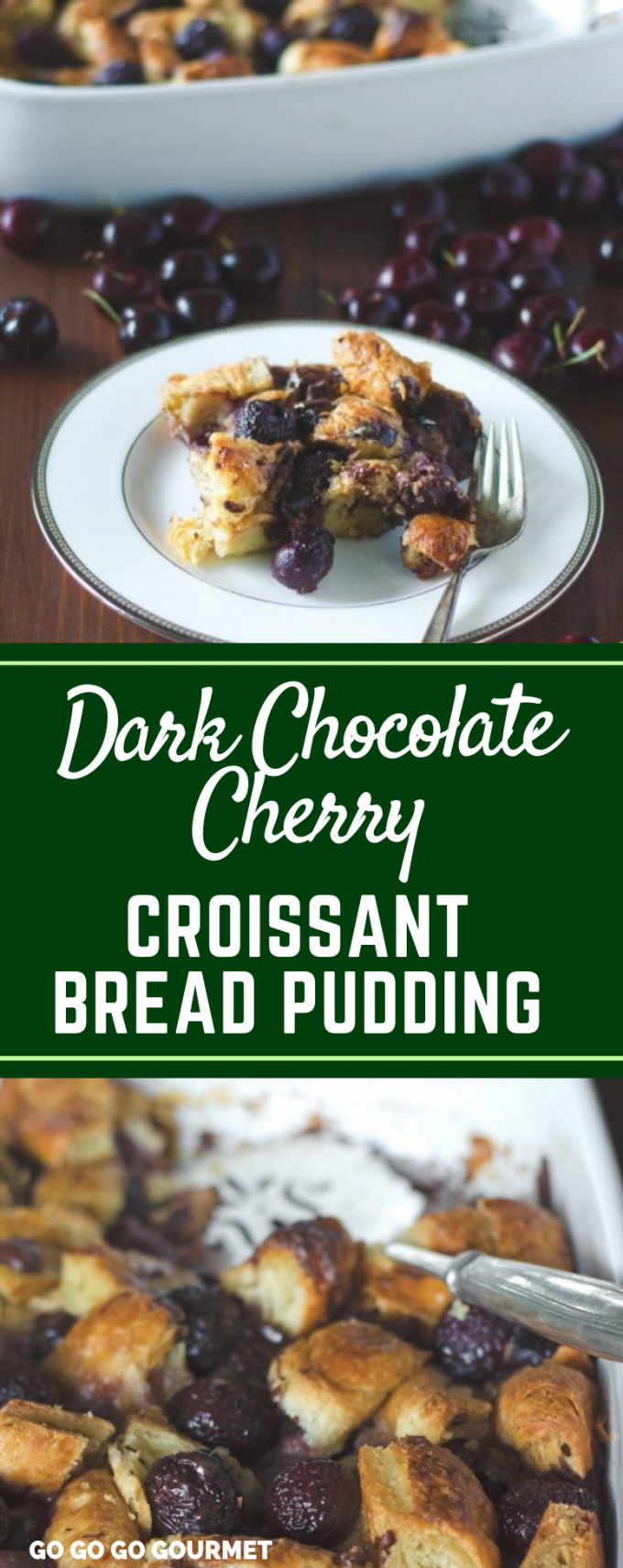 This easy Dark Chocolate Cherry Croissant Bread Pudding recipe is perfect for breakfast, brunch or even dessert! This old fashioned recipe is even better than the Paula Deen one! #gogogogourmet #darkchocolateccherrycroissantbreadpudding #breadpudding #croissantbreadpudding #easydesserts via @gogogogourmet